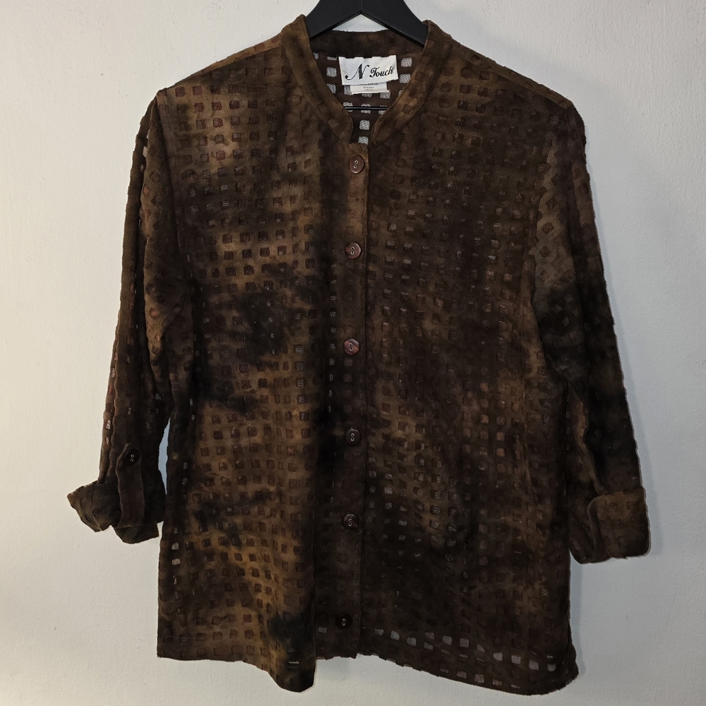 Brown N Touch Button-up with Textured Mesh Square Pattern